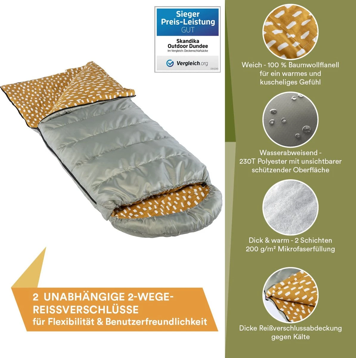 Skandika Dundee Flannel-R Slaapzak – Slaapzakken – Slaapzakken Volwassen - Maat M – Unisex - Katoen, Luxe Kwaliteit, Dubbele Slaapzak, 3 Seizoenen, Tot -20°C - 220 X 80 Cm - Outdoor Kampeerslaapzak – Ritssluiting Rechts - Grijs/geel 5 Skandika Dundee Flannel-R Slaapzak – Slaapzakken – Slaapzakken Volwassen - Maat M – Unisex - Katoen, Luxe Kwaliteit, Dubbele Slaapzak, 3 Seizoenen, Tot -20°C - 220 X 80 Cm - Outdoor Kampeerslaapzak – Ritssluiting Rechts - Grijs/geel - Afbeelding 3
