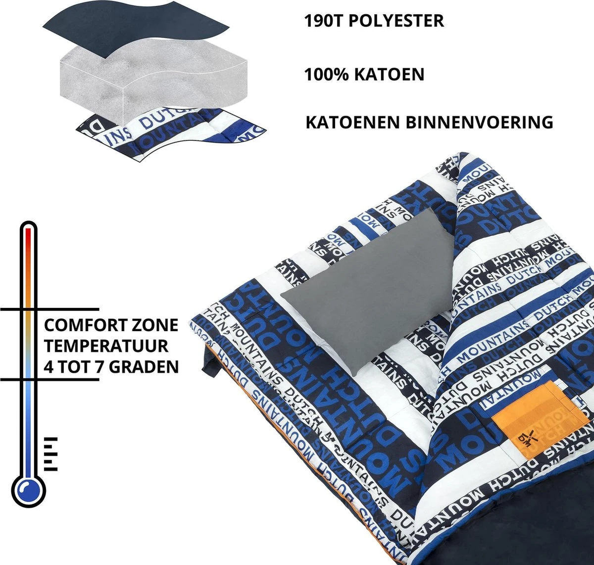Dutch Mountains Slaapzak Goeree XL - Kussen 25x15cm - 220x90cm Katoenen Slaapzak - Tochtstrip 4 Dutch Mountains Slaapzak Goeree XL - Kussen 25x15cm - 220x90cm Katoenen Slaapzak - Tochtstrip - Afbeelding 2
